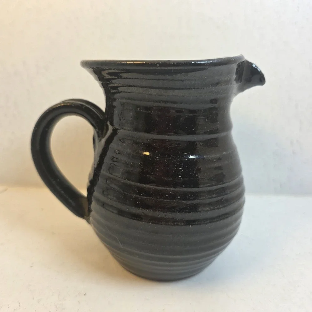 Vintage Studio Pottery Black Glazed Stoneware Pitcher‎ Ribbed Handcrafted Jug